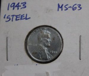 lot 51 image: Coins 1943 No Mint Steel Wheat Penny MS63