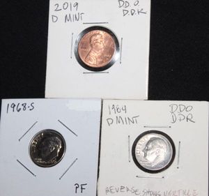 lot 52 image: Coins 2019 D Mint Penny DDO, DDR, 1984 D Mint Dime DDO, DDR Off center 1968S Dime Proof