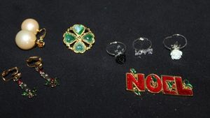 lot 47 image: Fashion Jewlery, Enamle Noel Pin, Childrens Adjustable Rings, Shamrock lable Pin, Clip on Faux Pearl Earrings and More