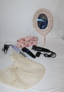 lot 100 image: Health and Beauty Vintage Wicker and Mirror, Curling Iron and 2 Electric mens Razors