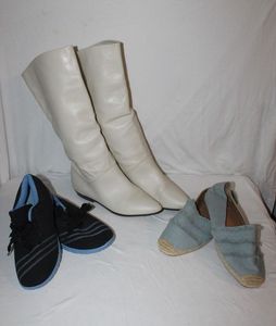 lot 48 image: Womens Shoes White Leather above Knee Flat Boots Size 10, Comfort View Frayed Light Blue Denim espadrilles size 10W and Black tennis Shoes