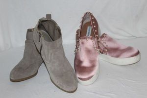 lot 120 image: Womens ShoesGrey ankle Boots and Steve Madden Satin Pink Slip on Shoes with Pearls