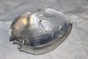 lot 37 image: Arthur Court 1977 Nautical Aluminum Koi Fish Footed Shell Bowl with Red Carnelian Eye