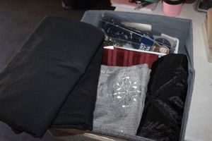 lot 75 image: Three Fabric Shower Curtains, Black, Red and Grey, 2 Sets of Shower Curtain Hooks