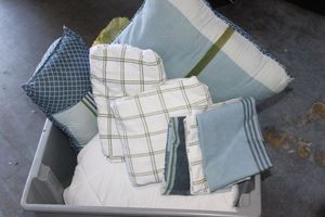 lot 238 image: Queen Size Bedding, Sealy Mattress Pad and Sheet set with pillow shams and throw pillows (Blue and Green stripes