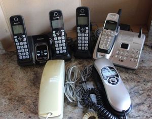 lot 221 image: Panisonic Cordless phones, Vtech Cordless and answering machine (digital) and two corded phones