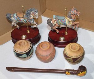 lot 292 image: Philadelphia Toboggan Co Circa 1914, Musical Carousel Horse, Limited Edition 860 if 4500 Charles Looff Circa 1915 Musical Carousel Horse Limited Edition 1493 of 2500, Ceramic Native American Candle Holders