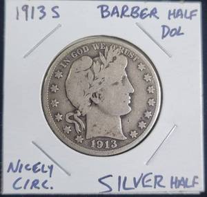 lot 119 image: Silver 1913 S Barber Half Dollar