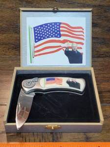 lot 16 image: George W. Bush American Flag Knife with Display Case