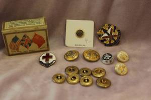 lot 207 image: Way Cool Lot of Military Pins, Buttons, and a Vintage Match Holder from around WW2