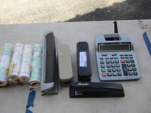 lot 100 image: office supplies, calculator, hole puncher, staplers, rolls of wall paper new