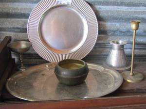 lot 134 image: candle stand, platters, metal wine glass