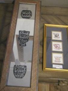 lot 144 image: bathroom wall art 32x9 , brit ryan tea cup art 15x8