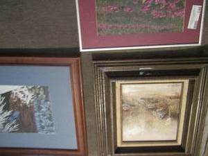 lot 148 image: pink flower butterfly art 11 x 14, hand painted farm house framed 17 x 15, forest painting with a buck and snow 17 x 17
