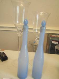lot 213 image: 2 clear glass long stem table dcor 15 and 17 tall and 2 14 tall sky blue glass canisters