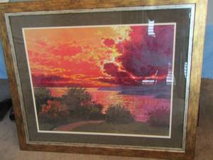lot 222 image: framed sunset painting artist unknown size 36x42