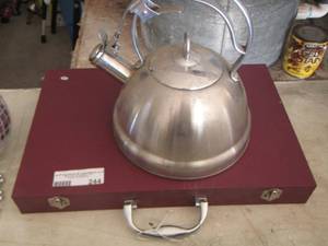 lot 244 image: empty silver ware serving piece case, tea kettle