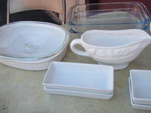 lot 341 image: casserole dishes with lids- butter dishes- gravy boat-