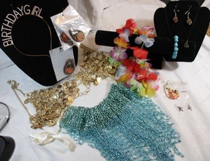 lot 14 image: HalloweenFall and special occasion jewelry - includes belly dancer coin dangle beaded top and blue beaded skirt, Birthday Girl tiara and more