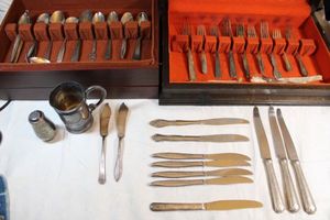 lot 15 image: Misc. silverware with wooden storage boxes plus silver plated cup