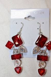 lot 61 image: Sterling Silver - red and clear stone dangle earrings, ear wires marked 925