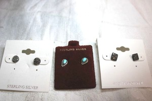 lot 65 image: Sterling Silver - 3 post style earring sets, square and circle chip bead on black metal sets and turquoise colored tear drop shaped set