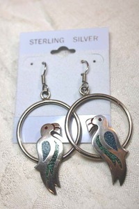 lot 66 image: Sterling Silver - Parrot on hoop earrings marked TS-19 Mexico 925