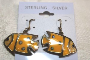 lot 68 image: Sterling Silver - Orange fish enamel earrings marked 925