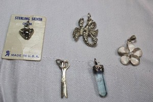 lot 81 image: Sterling Silver - pendant selection with scorpion, scissors and flower
