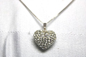 lot 100 image: Sterling Silver - 3D heart pendant with rhinestones on silver rope chain marked Italy 925