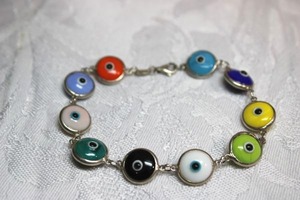 lot 128 image: Sterling Silver - Evil Eye and Silver chain link bracelet, bright colors