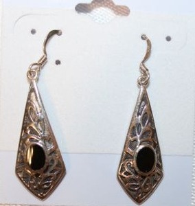 lot 76 image: Sterling Silver - Elongated diamond shaped silver earring with black stone marked 925