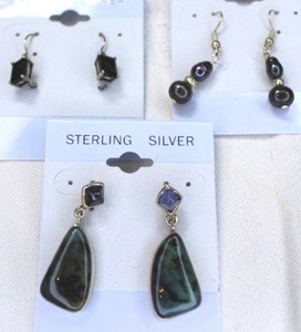 lot 77 image: Sterling Silver - 3 sets of earrings - faux pearl, green marbled stone, and brown crystal earrings, see photos