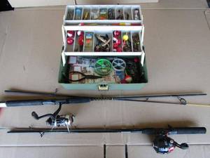 lot 303 image: Zebco & Gritstick fishing reels and rods, Plano tackle box full of tackle and accessories