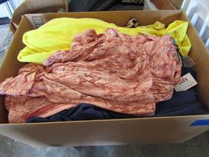 lot 323 image: Box full of clothes including a leather jacket