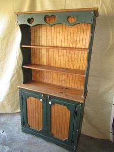 lot 347 image: Vintage style Bakers cabinet pine wood with green paint trim