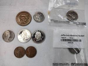 lot 219 image: Misc. Coins - 1943-P nickel, 1962 uncirculated nickel, state quarters, foreign coins, and Lincoln pennies