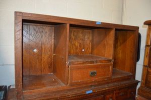 lot 136 image: Buffet or storage cabinet (shelves found after pictures) Solid Wood, Young-Hinkle furniture stamp