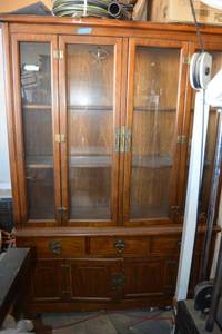 lot 160 image: China Hutch, top glass shelf needs replaced. Features a felt lined silverware drawer.