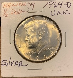 lot 22 image: 1964-D Kennedy half Dollar UNC (silver)