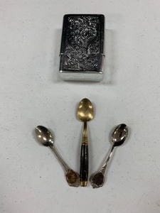 lot 38 image: Vintage cigarette case (silver) and 3 vintage collectable spoons see pics