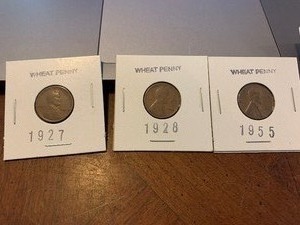 lot 104 image: Three Wheat pennies 1927 1928 1955