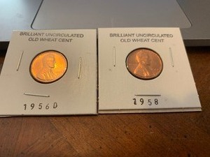 lot 130 image: $$ Brilliant Uncirculated Vintage wheat Pennies 1956D and 1958 NICE