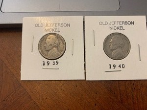 lot 158 image: $$ Two Old Jefferson nickels consecutive years 1939 and 1940