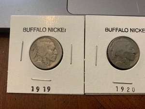 lot 162 image: $$ 1919 and 1920 Buffalo Nickels over a hundred years old and looking great