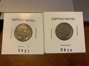 lot 165 image: $$ Consecutive 1927 an 1928 Buffalo Nickels Great shape