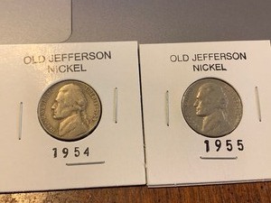 lot 175 image: $$ Two consecutive years Old Jefferson Nickels 1954 & 1955