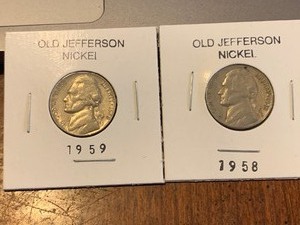lot 182 image: $$ Two consecutive years 1958 & 1959 Vintage Old Jefferson Nickels