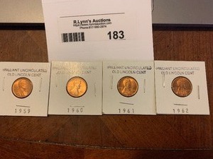 lot 183 image: $$ Four Brilliant Uncirculated consecutive years 1959-1962 Pennies