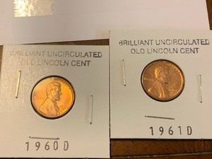 lot 184 image: $$ Two Brilliant Uncirculated consecutive years 1960 D-1961 D Pennies